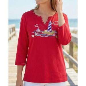 Quacker Factory XL Red Nautical Lighthouse Beaded Embellished 3/4 Sleeve Top NEW